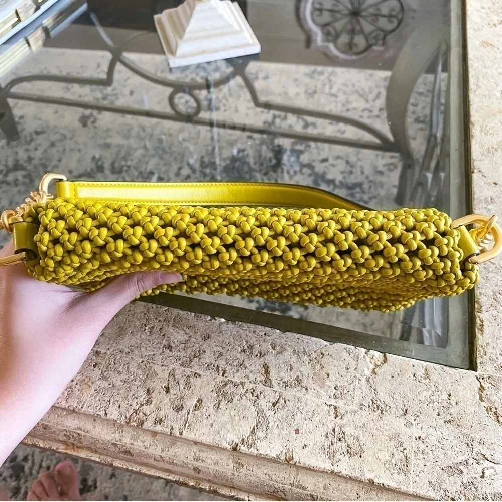 Tory Burch Bag Kira Chevron‎ Macrame Woven Small Shoulder Leather Pear GUC